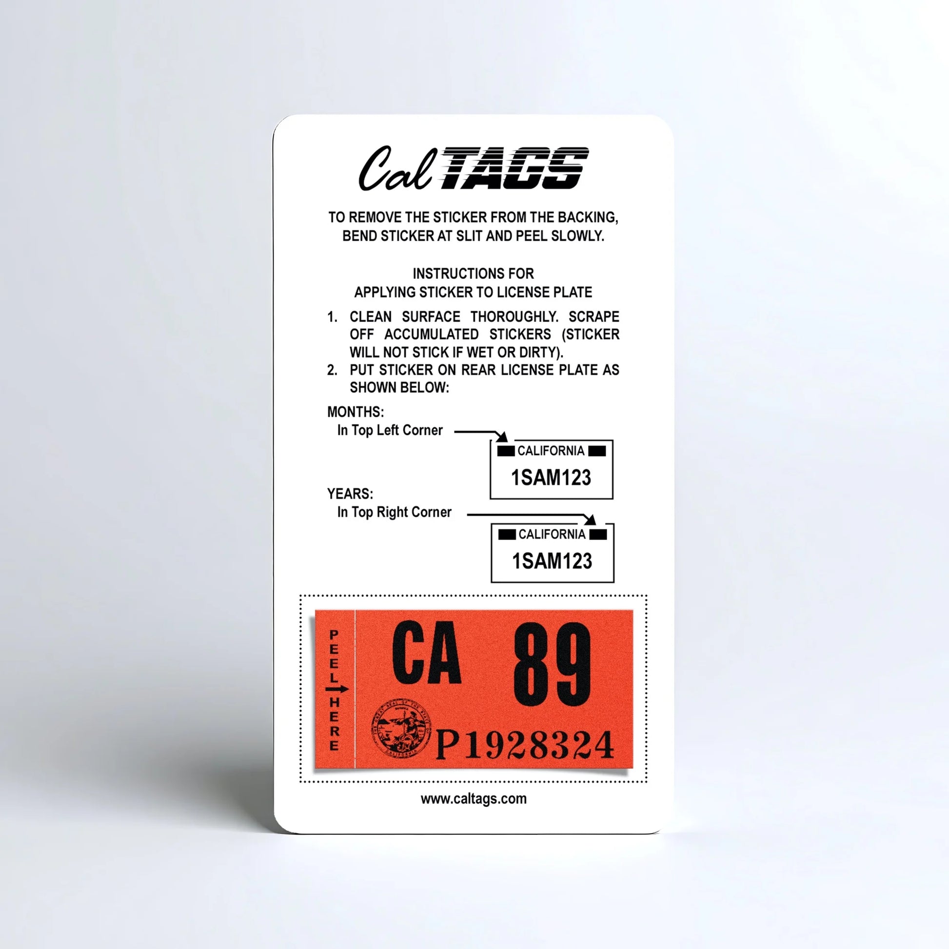 California license plate 1989 year sticker mounted on CalTags display card — Classic Series