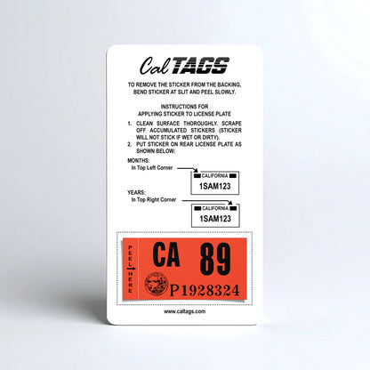 California license plate 1989 year sticker mounted on CalTags display card — Classic Series