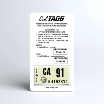 California license plate 1991 year sticker mounted on CalTags display card — Classic Series