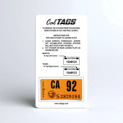 California license plate 1992 year sticker mounted on CalTags display card — Classic Series
