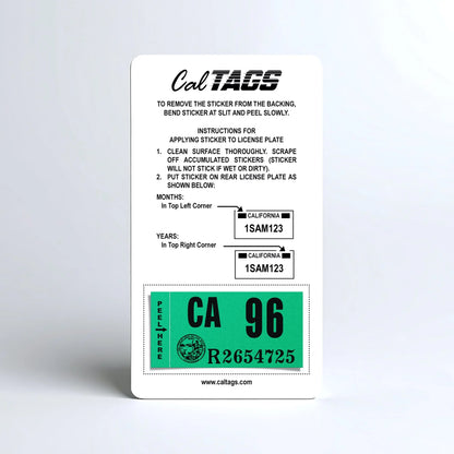 California license plate 1996 year sticker mounted on CalTags display card — Classic Series