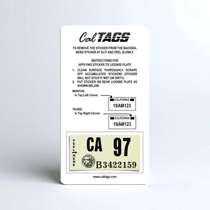 California license plate 1997 year sticker mounted on CalTags display card — Classic Series