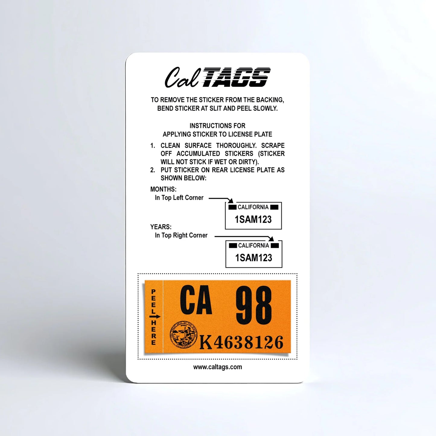 California license plate 1998 year sticker mounted on CalTags display card — Classic Series