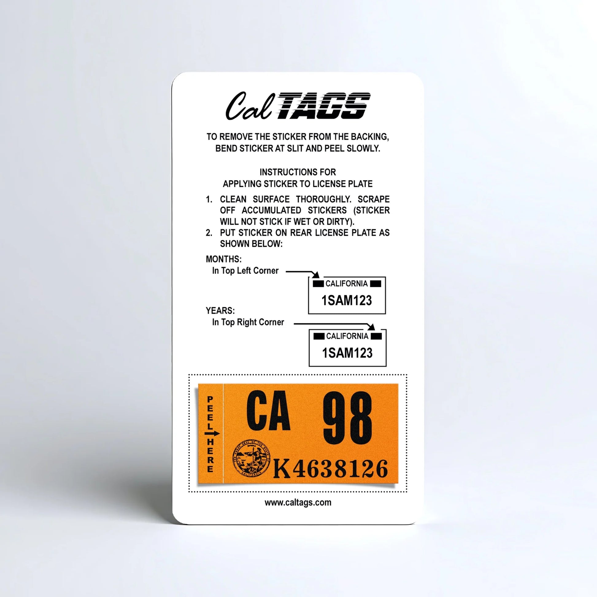 California license plate 1998 year sticker mounted on CalTags display card — Classic Series