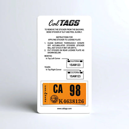 California license plate 1998 year sticker mounted on CalTags display card — Classic Series