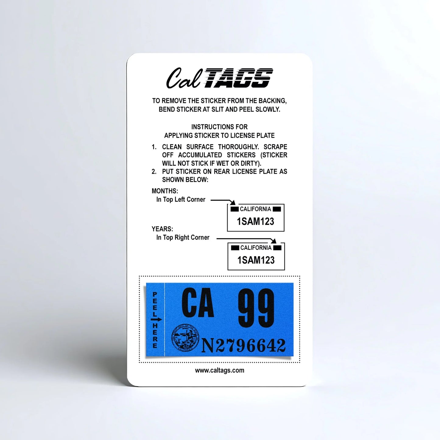 California license plate 1999 year sticker mounted on CalTags display card — Classic Series