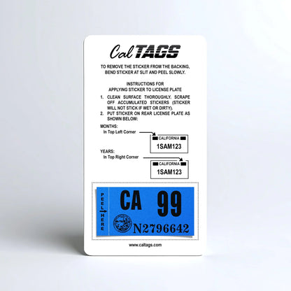 California license plate 1999 year sticker mounted on CalTags display card — Classic Series