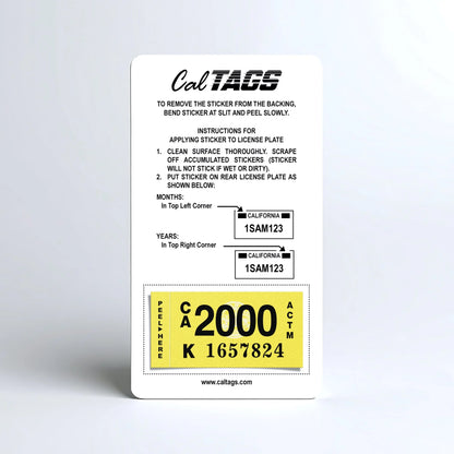 California license plate 2000 year sticker mounted on CalTags display card — Classic Series