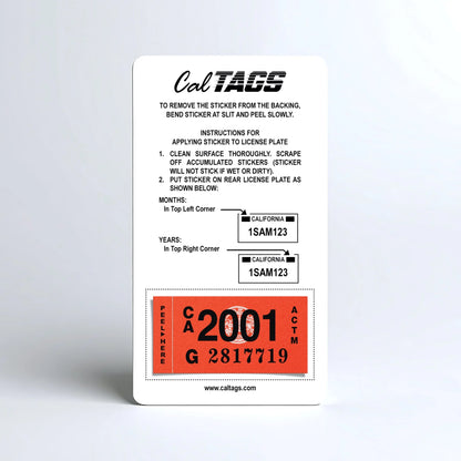 California license plate 2001 year sticker mounted on CalTags display card — Classic Series