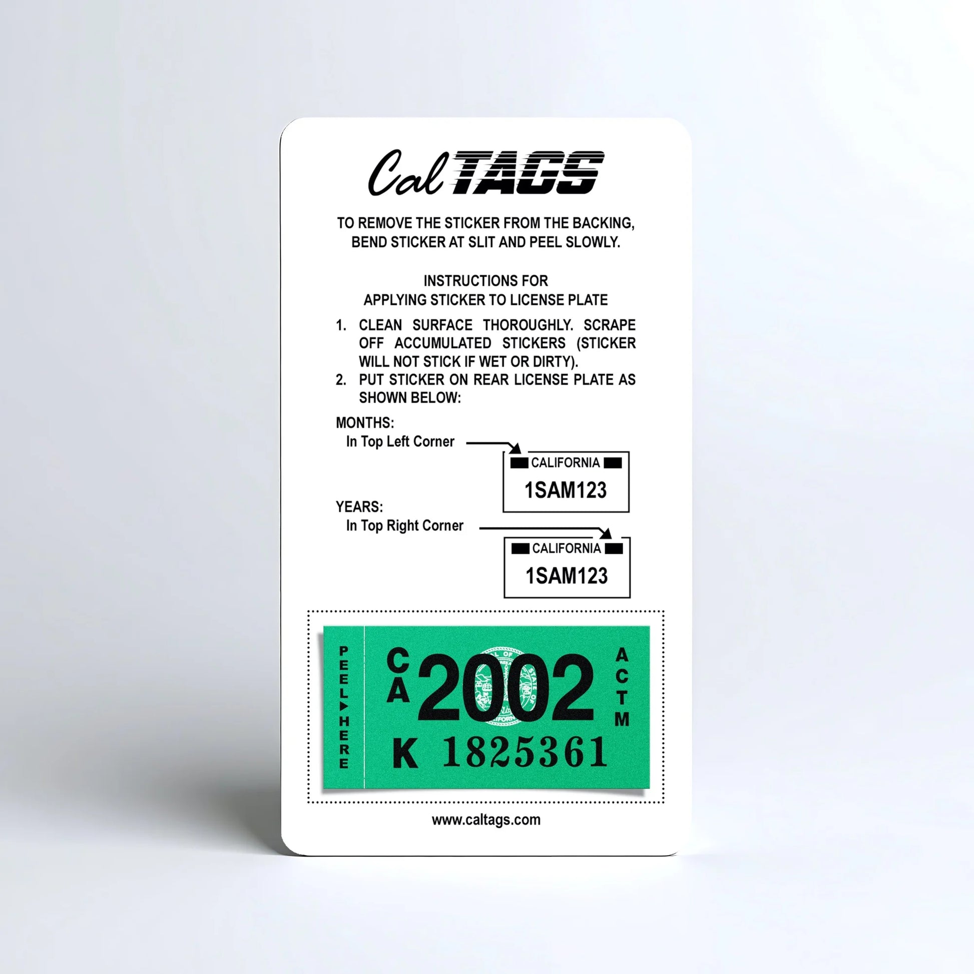 California license plate 2002 year sticker mounted on CalTags display card — Classic Series