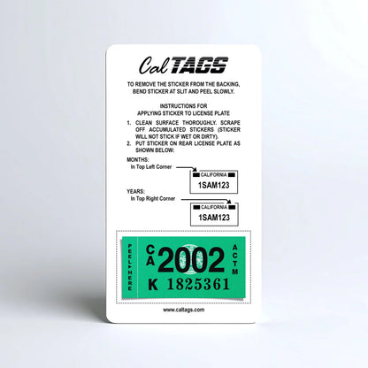 California license plate 2002 year sticker mounted on CalTags display card — Classic Series