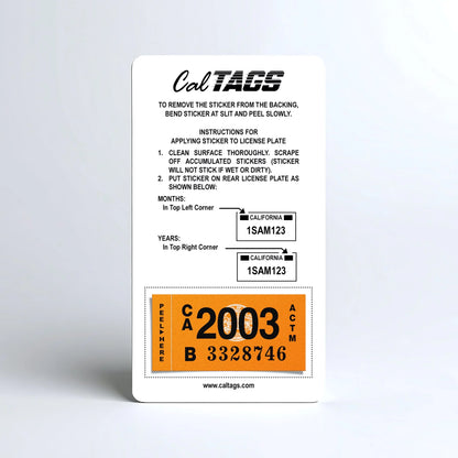 California license plate 2003 year sticker mounted on CalTags display card — Classic Series