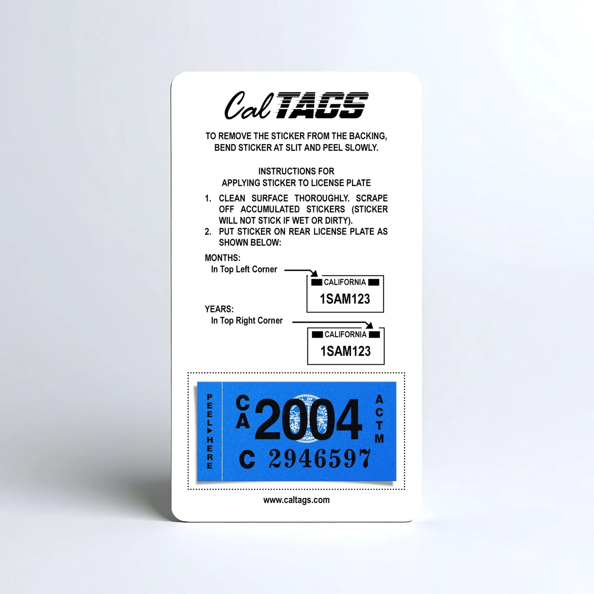 California license plate 2004 year sticker mounted on CalTags display card — Classic Series