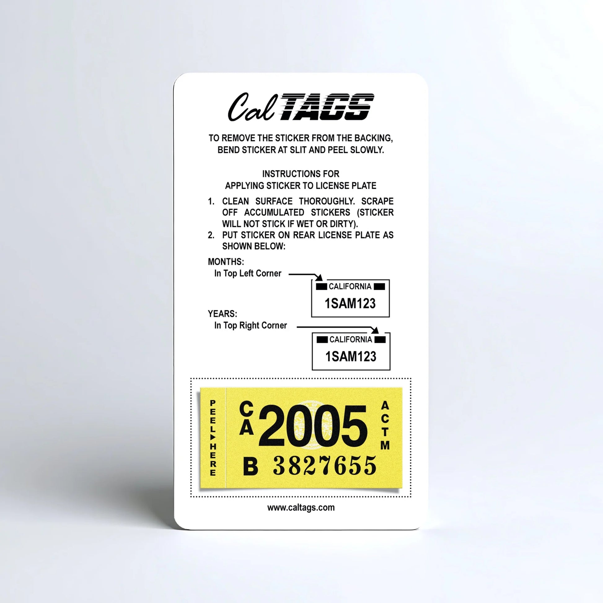 California license plate 2005 year sticker mounted on CalTags display card — Classic Series