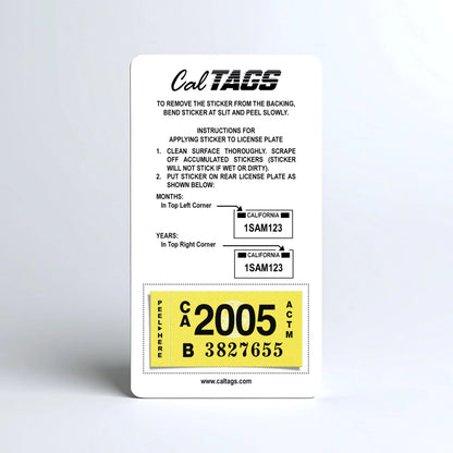 California license plate 2005 year sticker mounted on CalTags display card — Classic Series