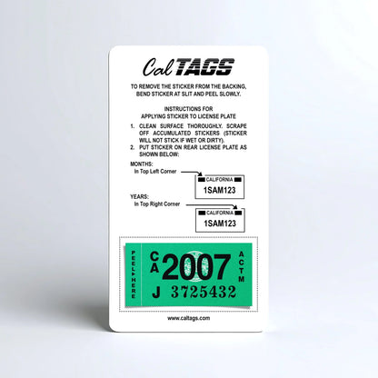 California license plate 2007 year sticker mounted on CalTags display card — Classic Series