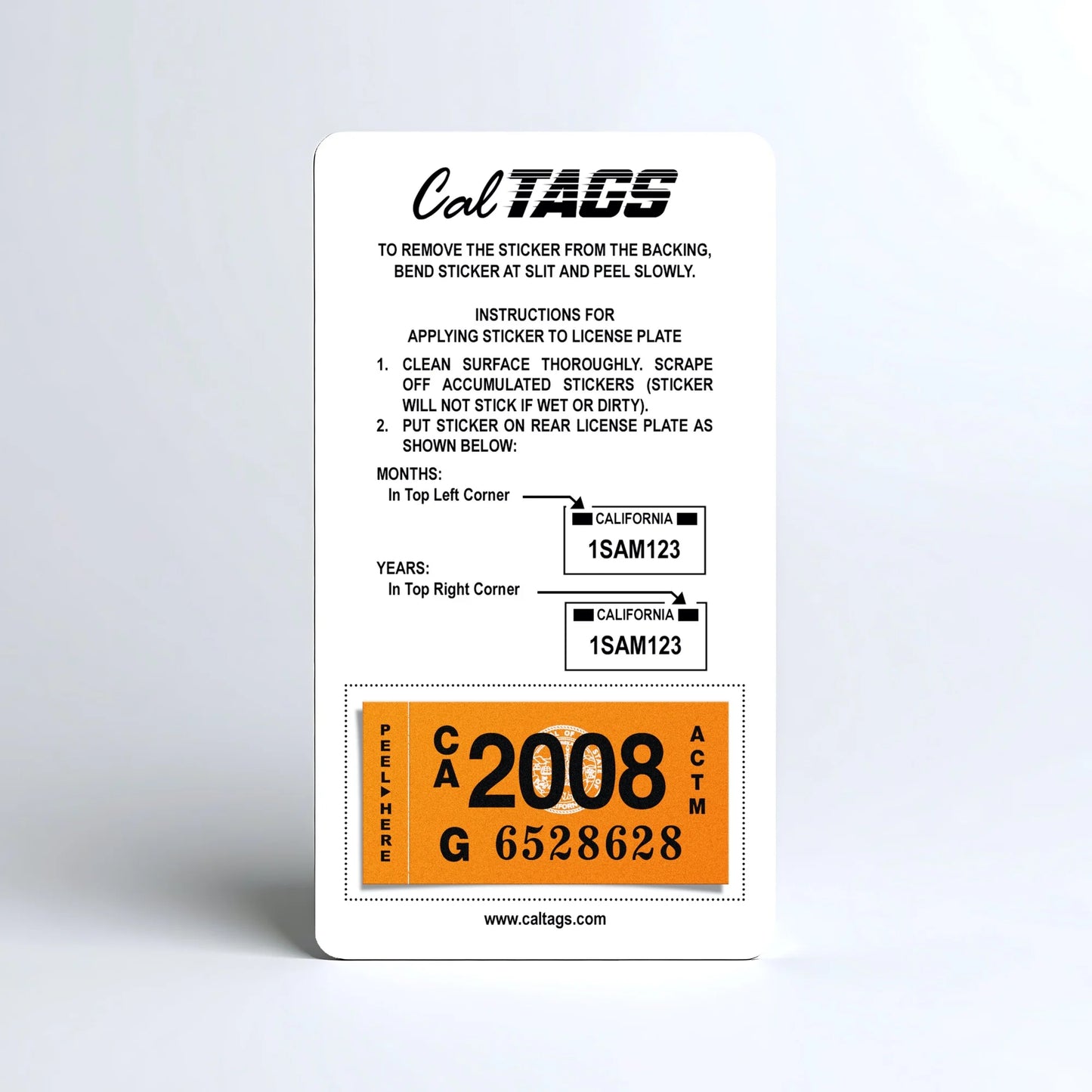 California license plate 2008 year sticker mounted on CalTags display card — Classic Series