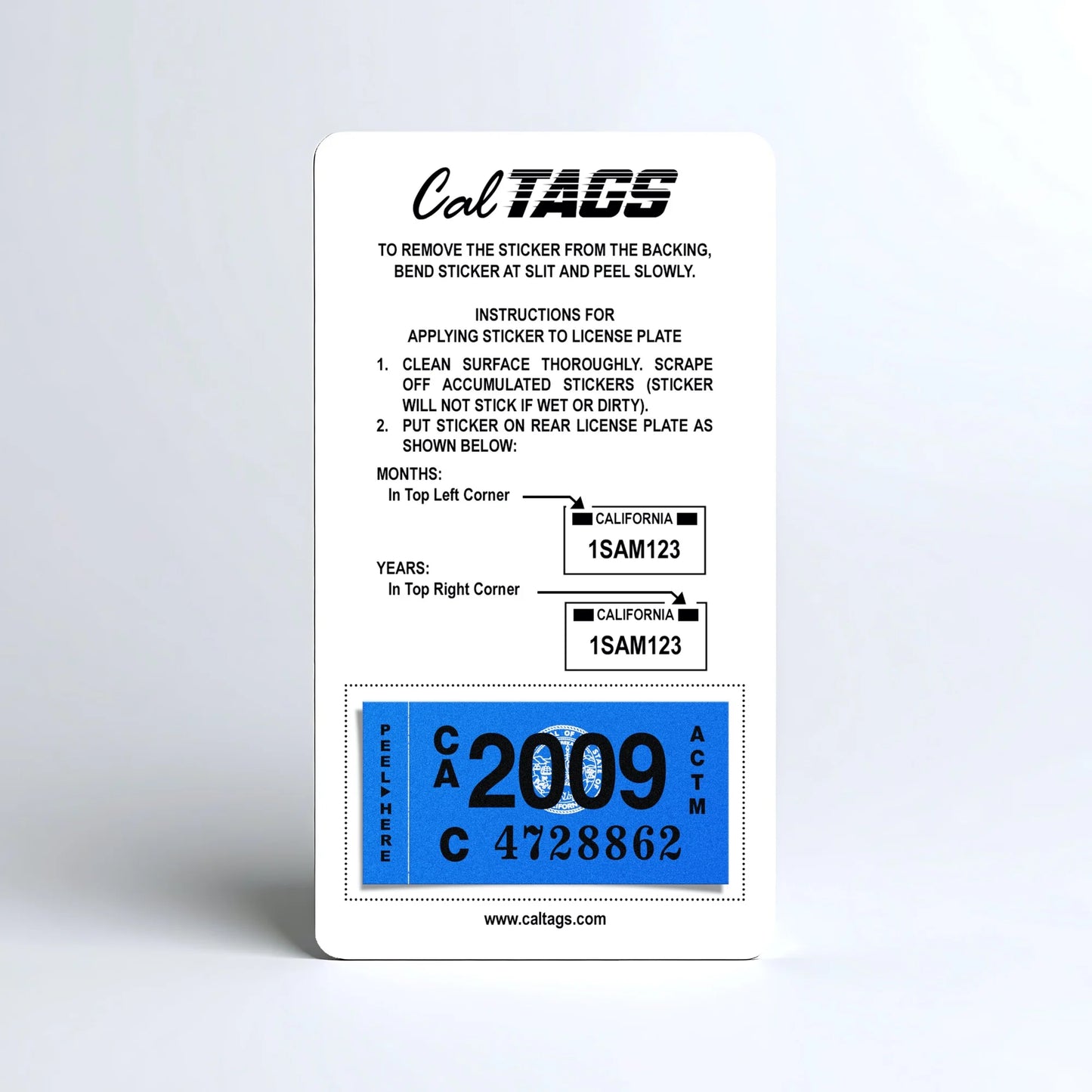 California license plate 2009 year sticker mounted on CalTags display card — Classic Series