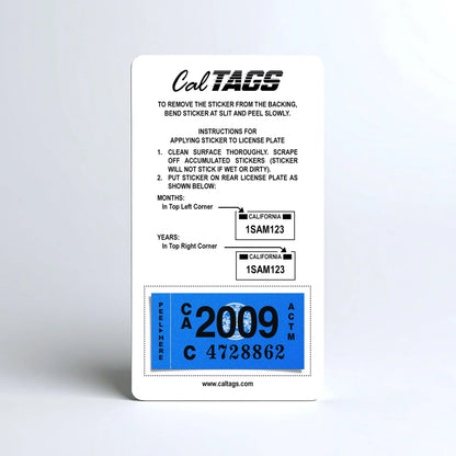 California license plate 2009 year sticker mounted on CalTags display card — Classic Series