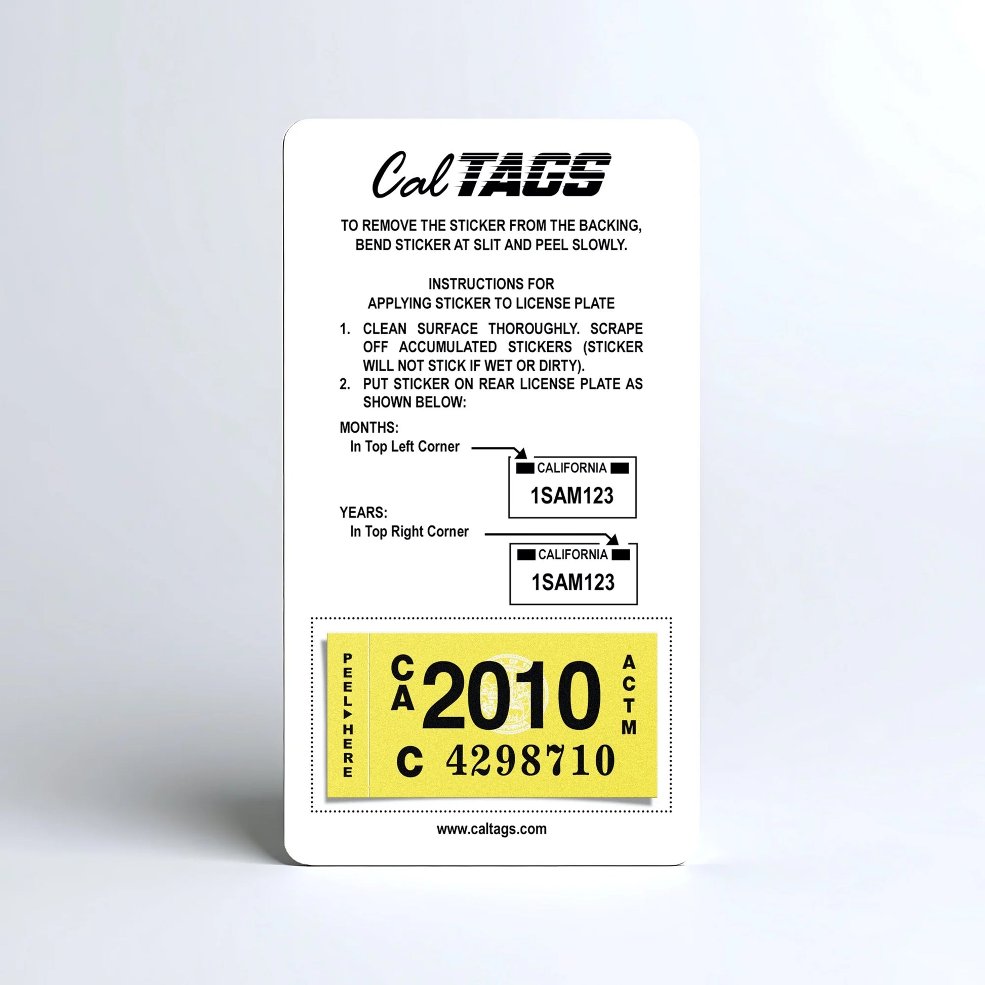 California license plate 2010 year sticker mounted on CalTags display card — Classic Series