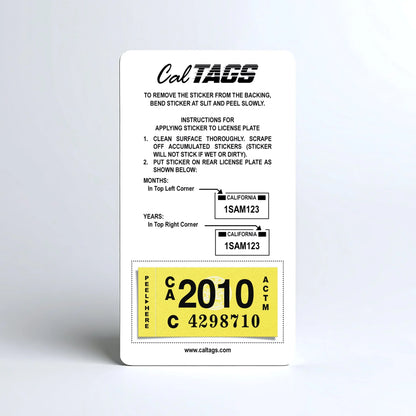 California license plate 2010 year sticker mounted on CalTags display card — Classic Series