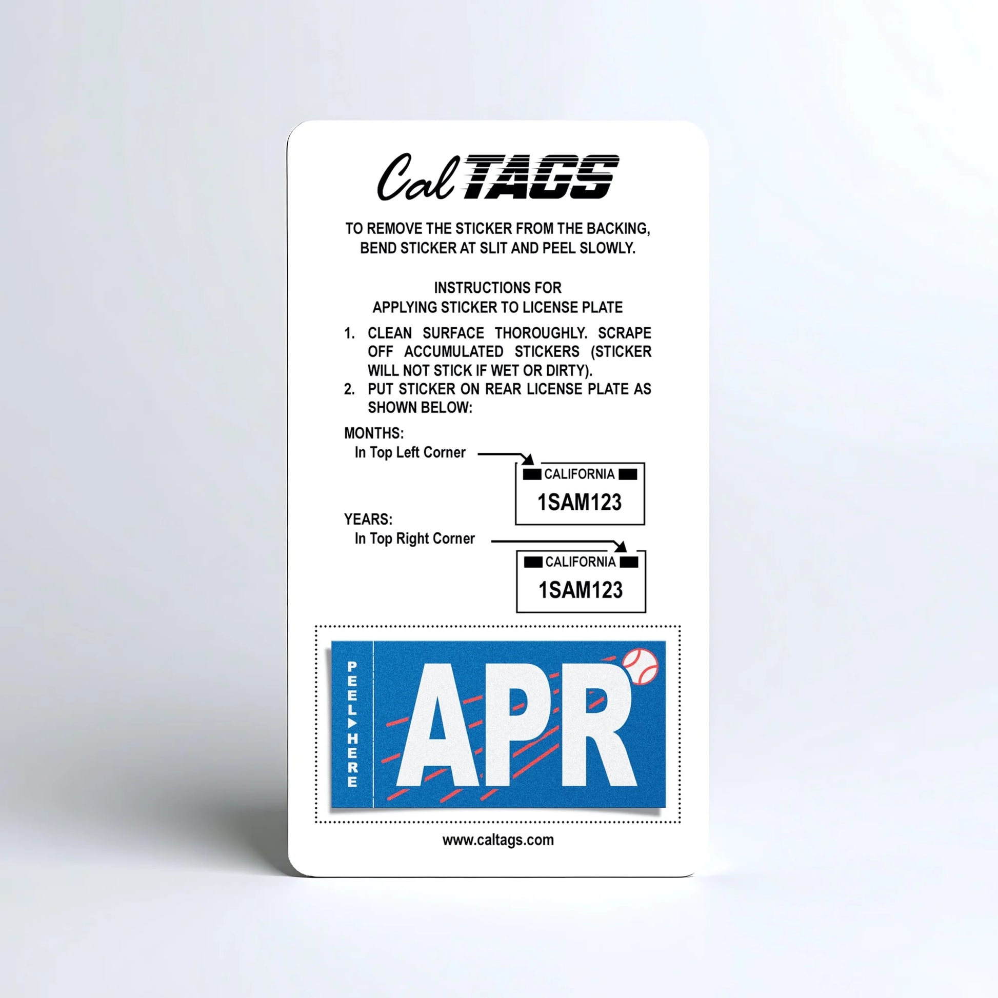 California license plate April month sticker mounted on CalTags display card — Ballpark Series