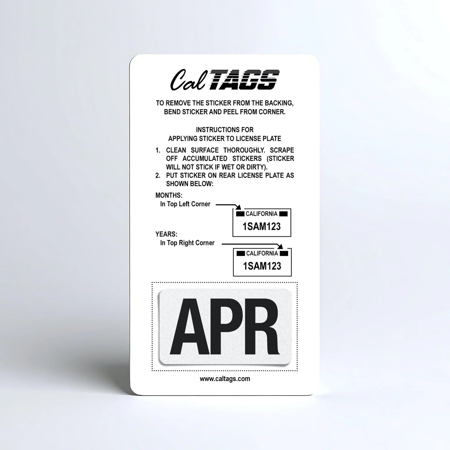 California license plate April month sticker mounted on CalTags display card — Black Series