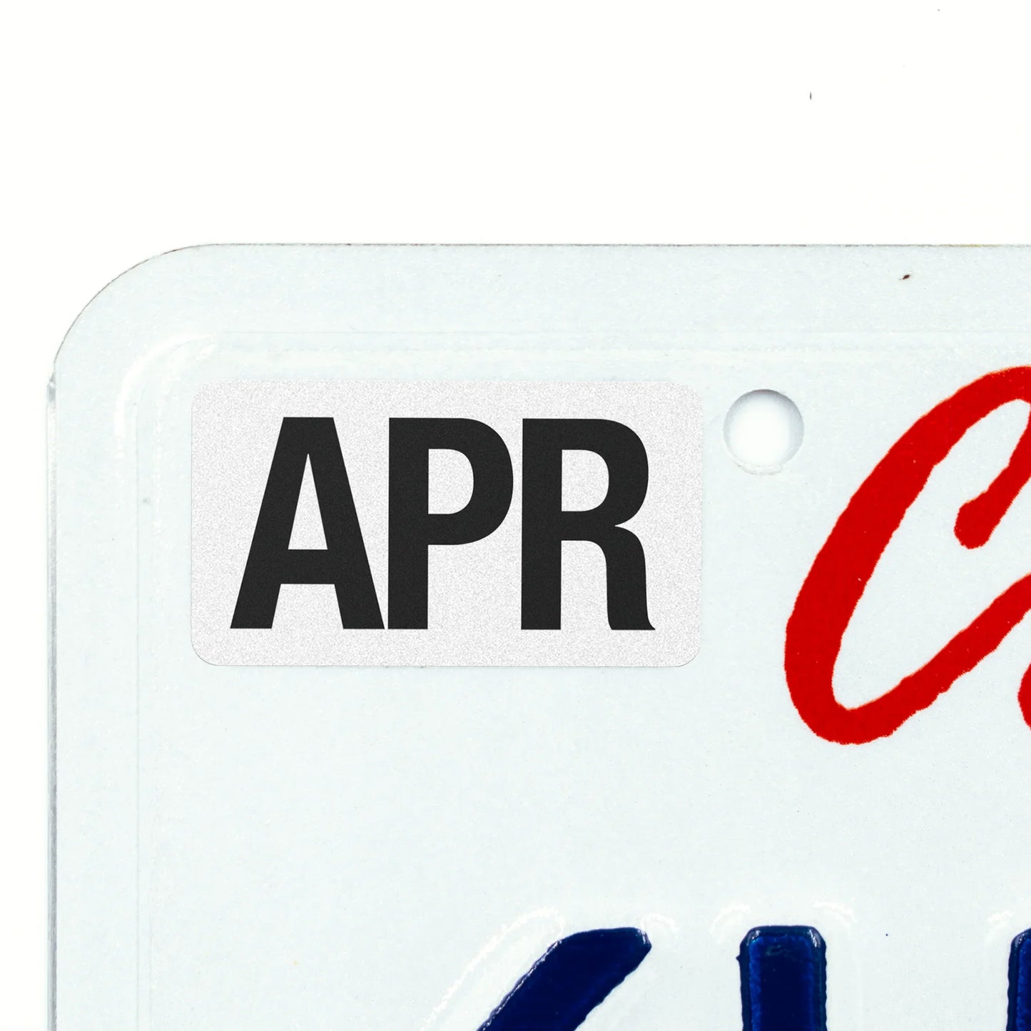 California license plate April month sticker applied to upper corner of white California plate — Black Series