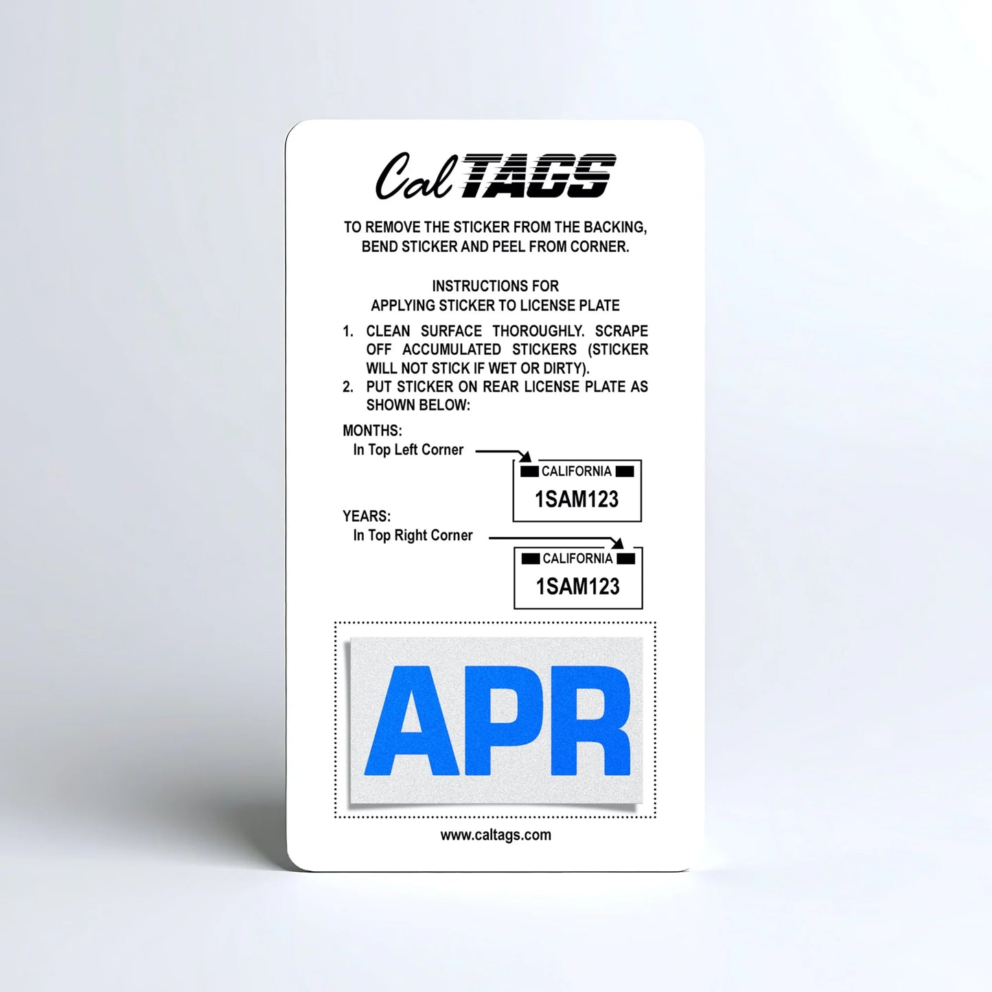 California license plate April month sticker mounted on CalTags display card — Blue Series