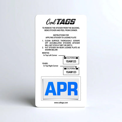 California license plate April month sticker mounted on CalTags display card — Blue Series