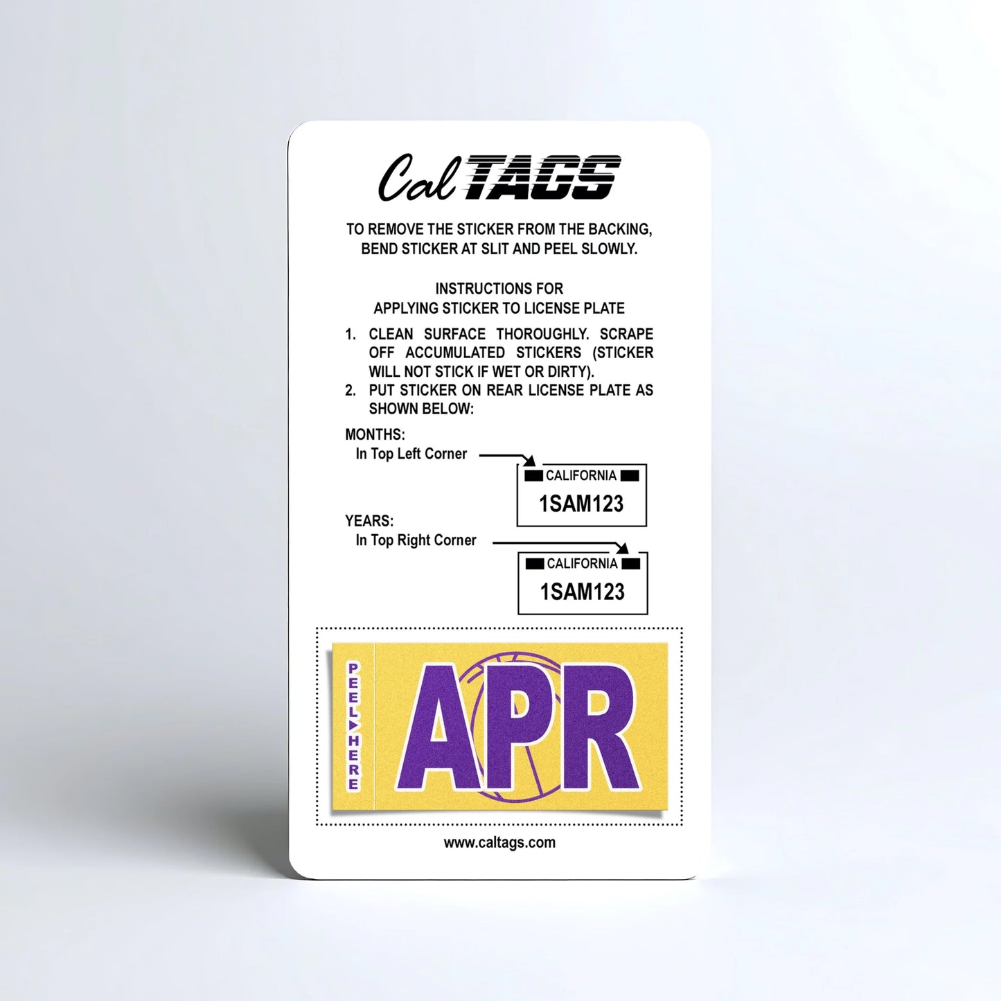 California license plate April month sticker mounted on CalTags display card — Courtside Series