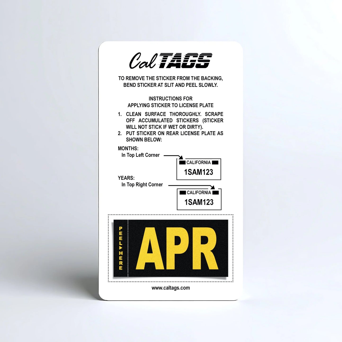 California license plate April month sticker mounted on CalTags display card — Legacy Series