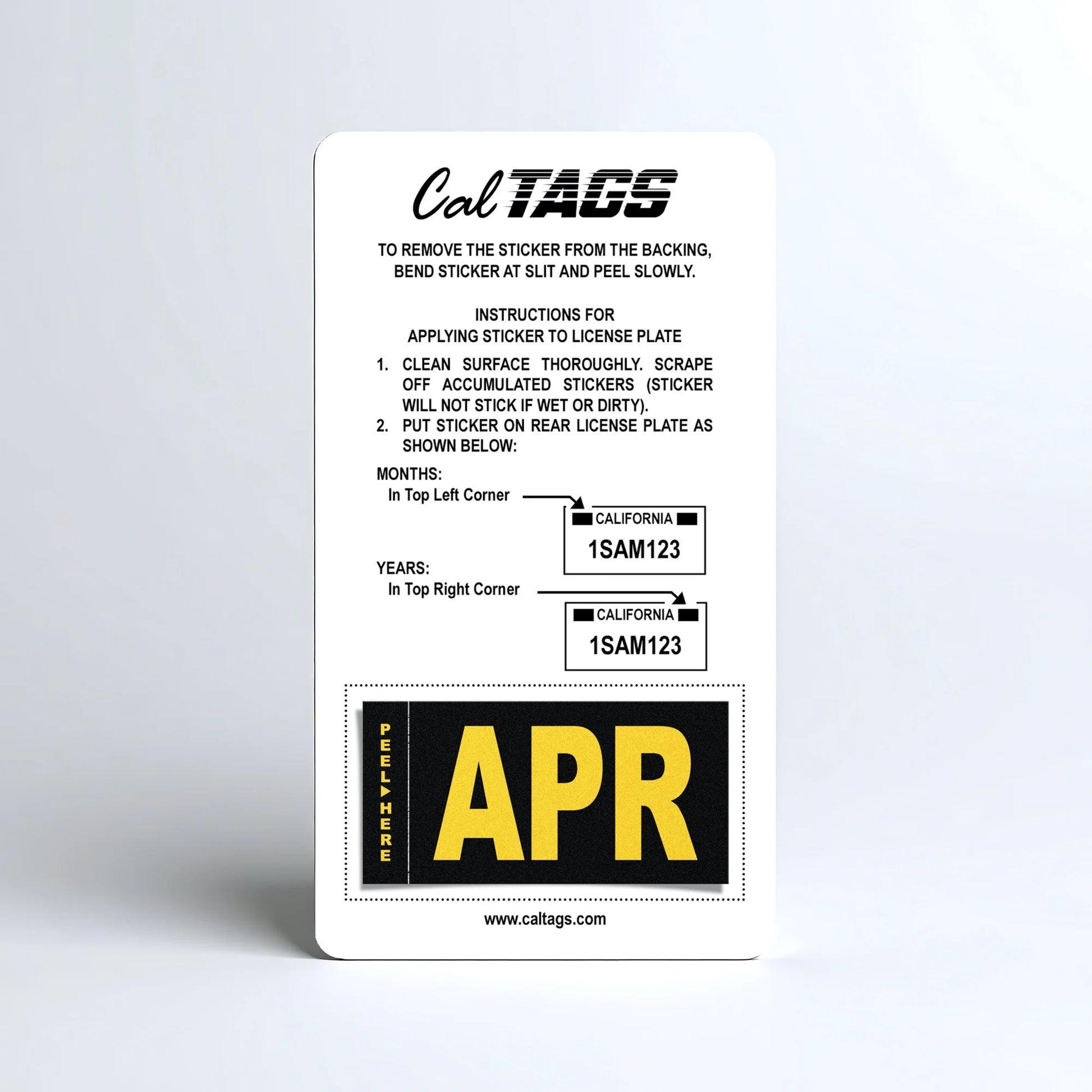 California license plate April month sticker mounted on CalTags display card — Legacy Series