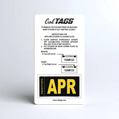 California license plate April month sticker mounted on CalTags display card — Legacy Series