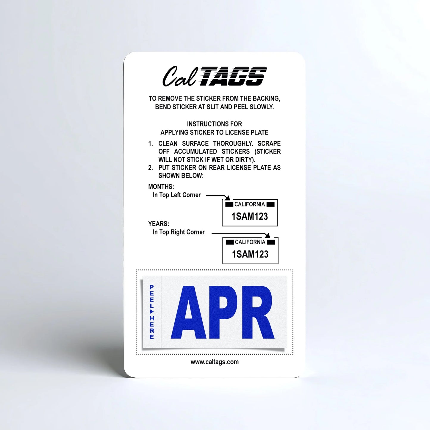 California license plate April month sticker mounted on CalTags display card — Modern Series