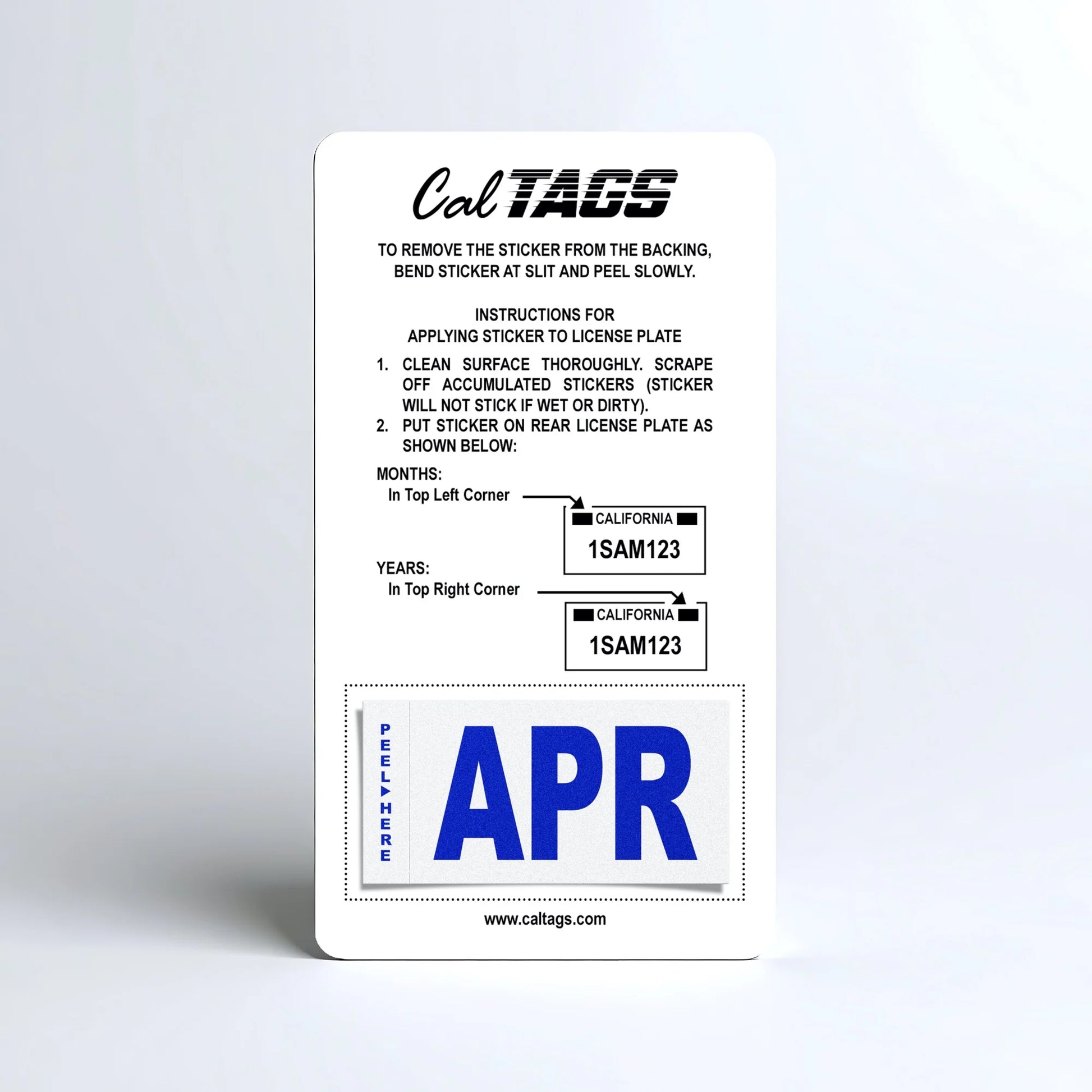 California license plate April month sticker mounted on CalTags display card — Modern Series