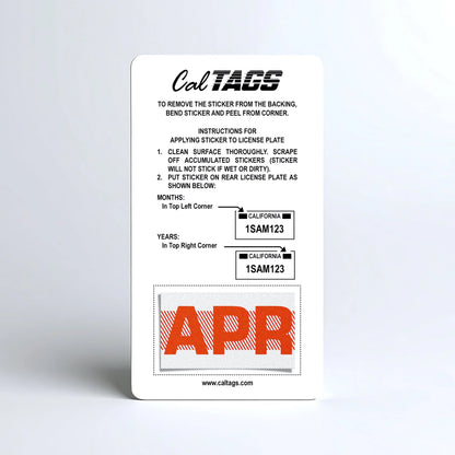 California license plate April month sticker mounted on CalTags display card — Red Series