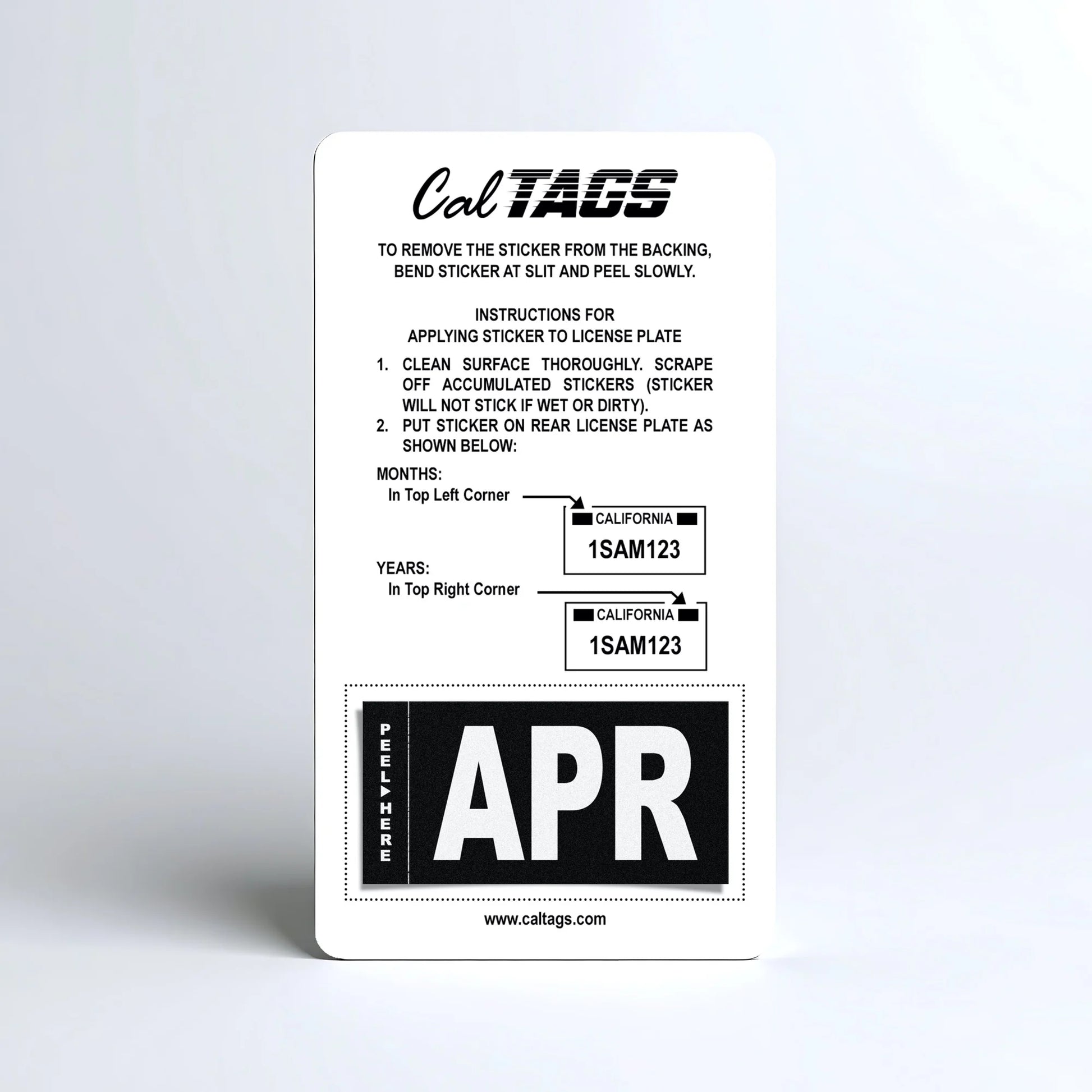 California license plate April month sticker mounted on CalTags display card — Stealth Series