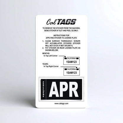 California license plate April month sticker mounted on CalTags display card — Stealth Series
