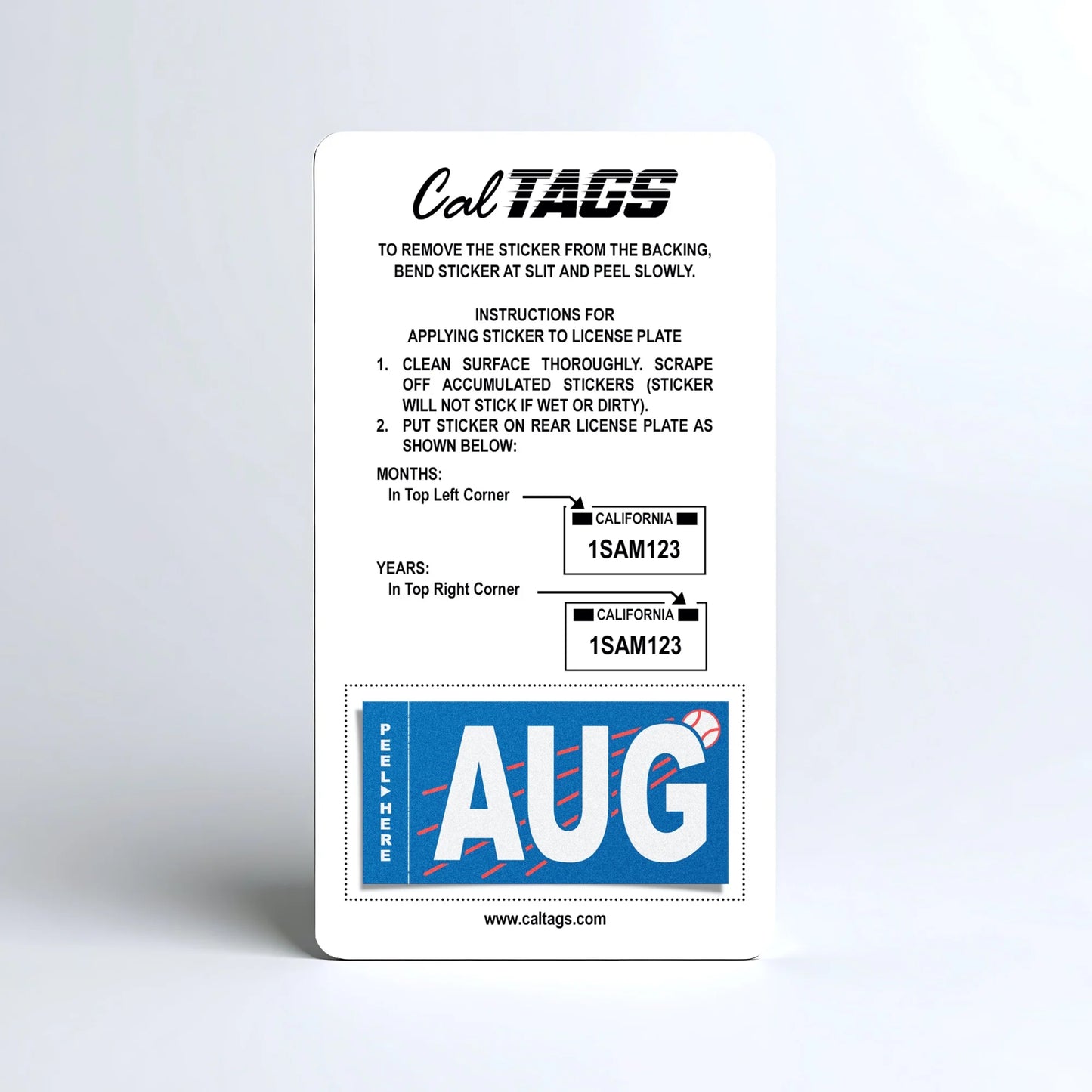 California license plate August month sticker mounted on CalTags display card — Ballpark Series
