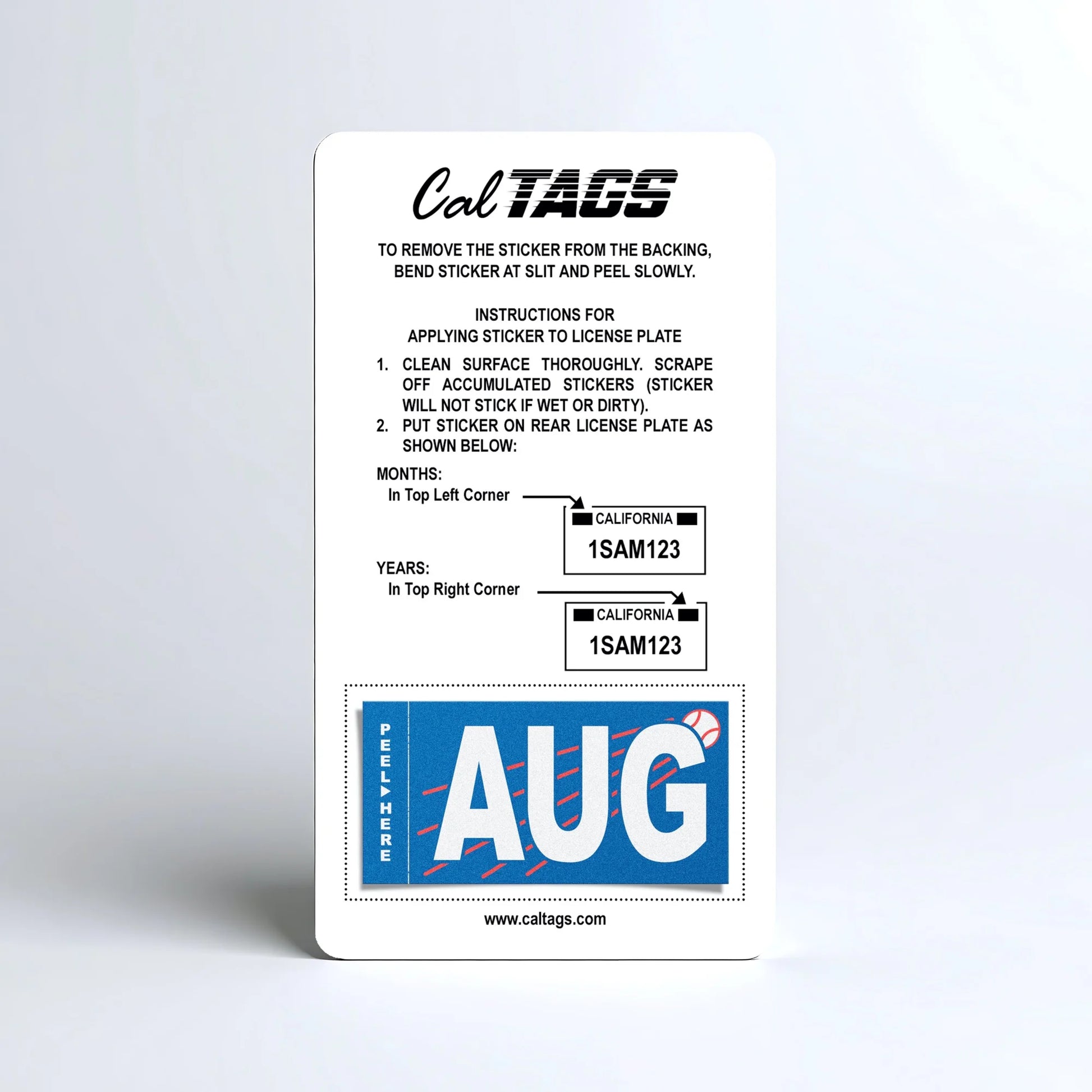 California license plate August month sticker mounted on CalTags display card — Ballpark Series