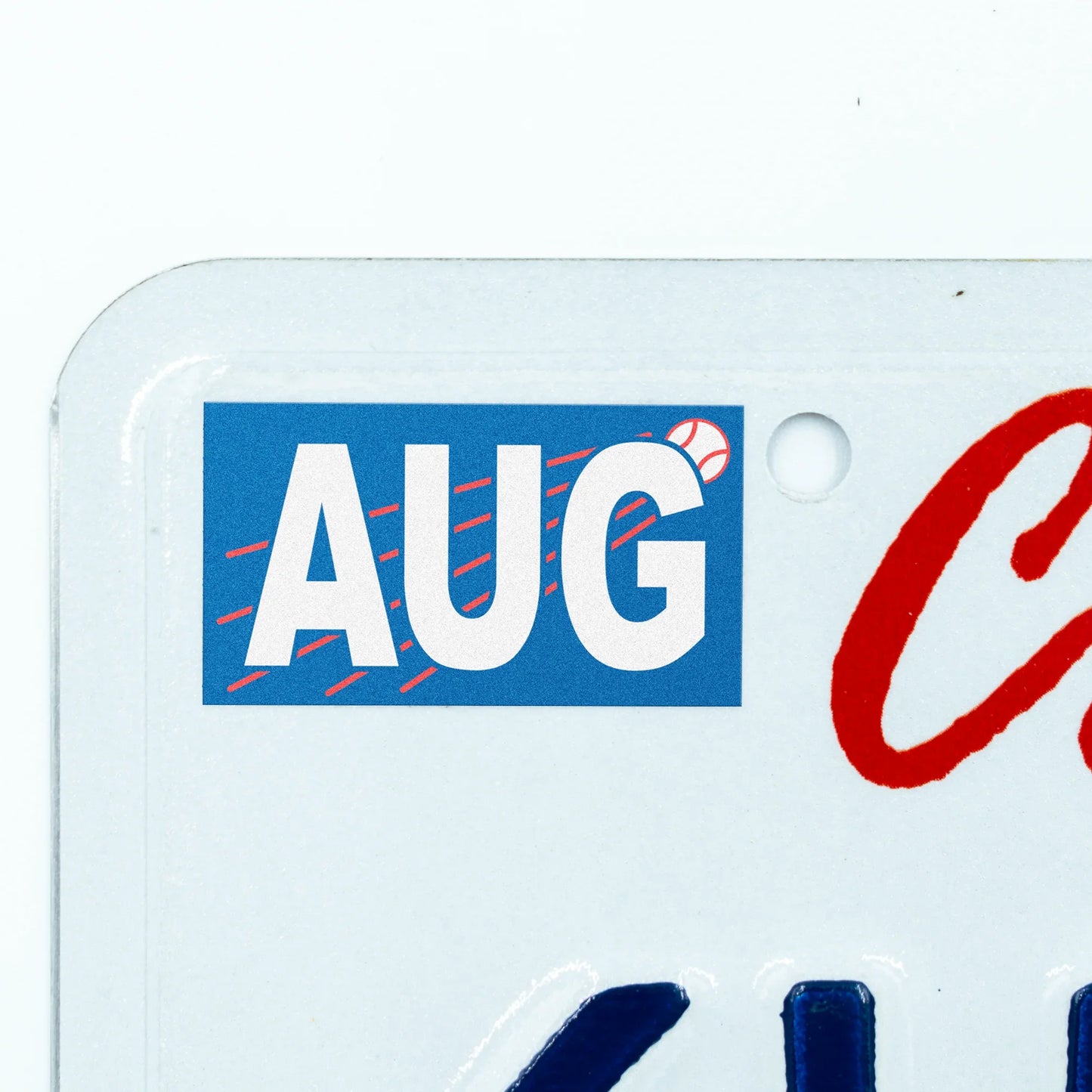 California license plate August month sticker applied to upper corner of white California plate — Ballpark Series