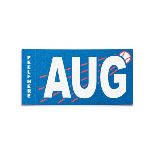 California license plate August month sticker — Ballpark Series — reproduction shown on white background
