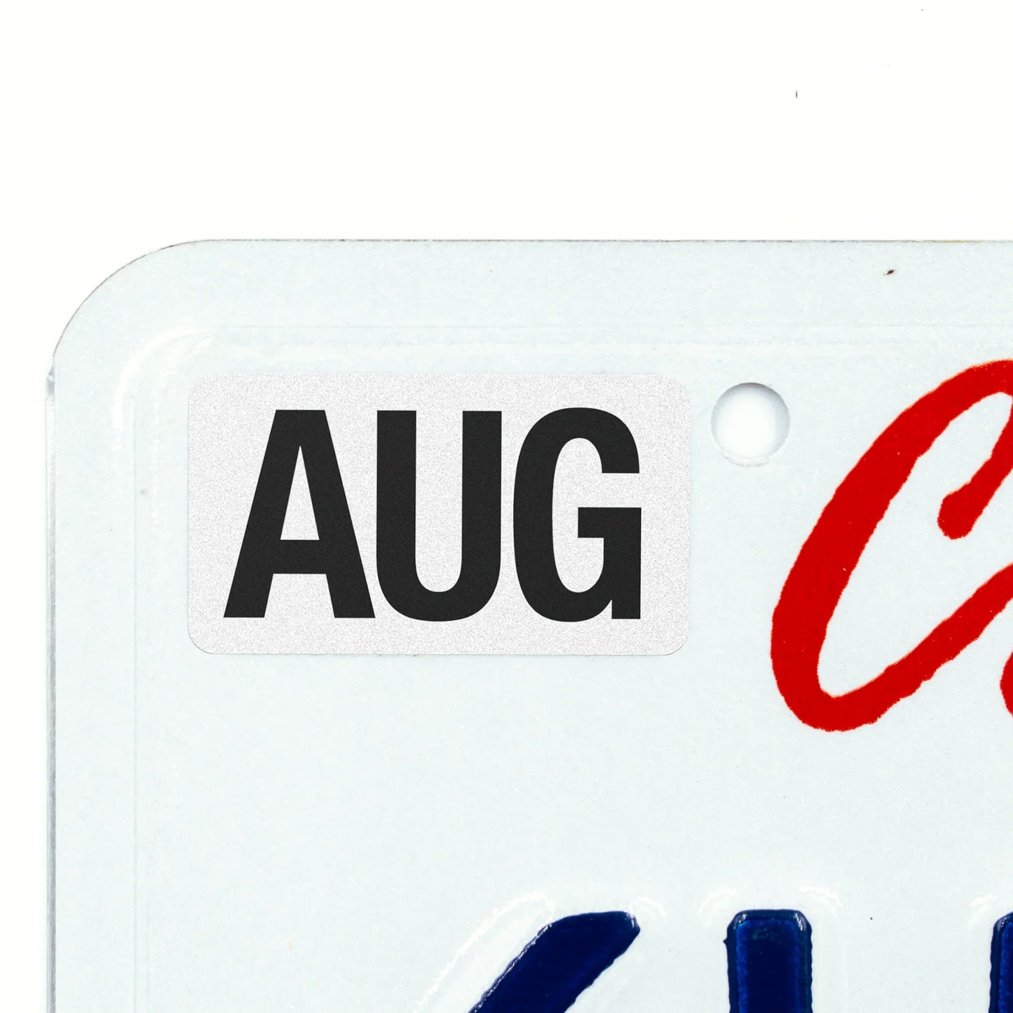 California license plate August month sticker applied to upper corner of white California plate — Black Series