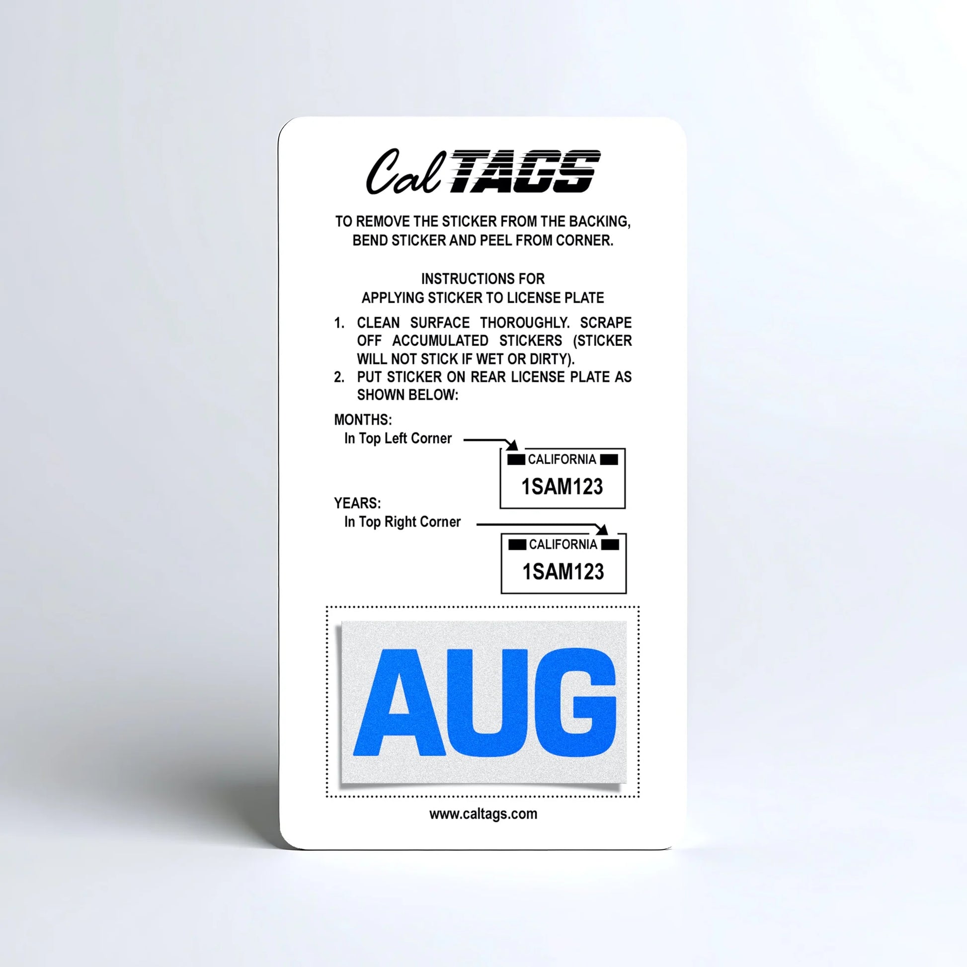 California license plate August month sticker mounted on CalTags display card — Blue Series