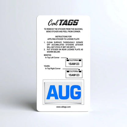 California license plate August month sticker mounted on CalTags display card — Blue Series