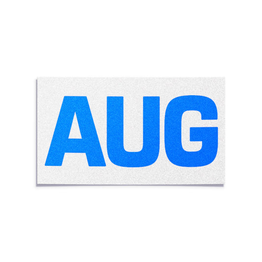 California license plate August month sticker — Blue Series — reproduction shown on white background