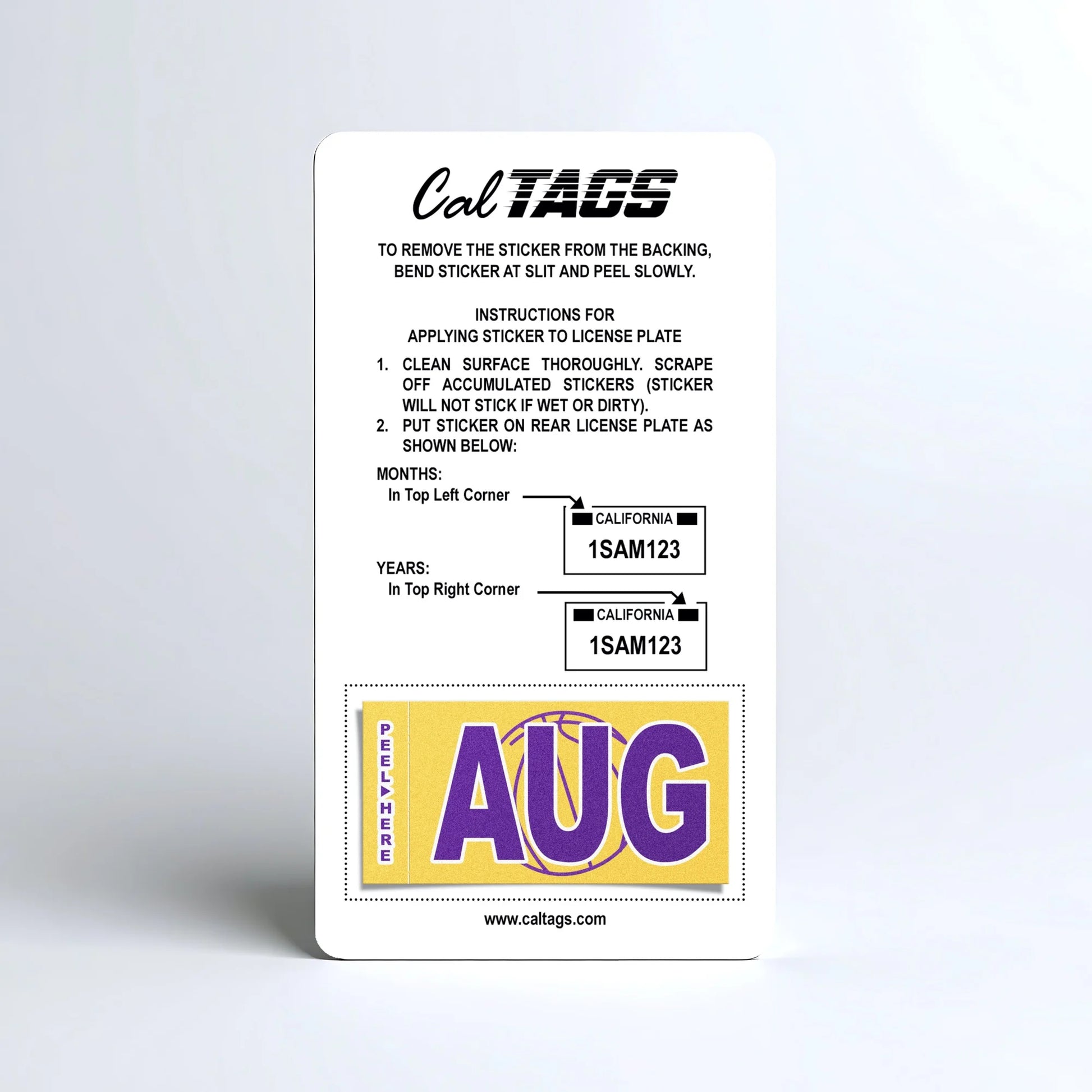 California license plate August month sticker mounted on CalTags display card — Courtside Series