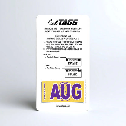 California license plate August month sticker mounted on CalTags display card — Courtside Series