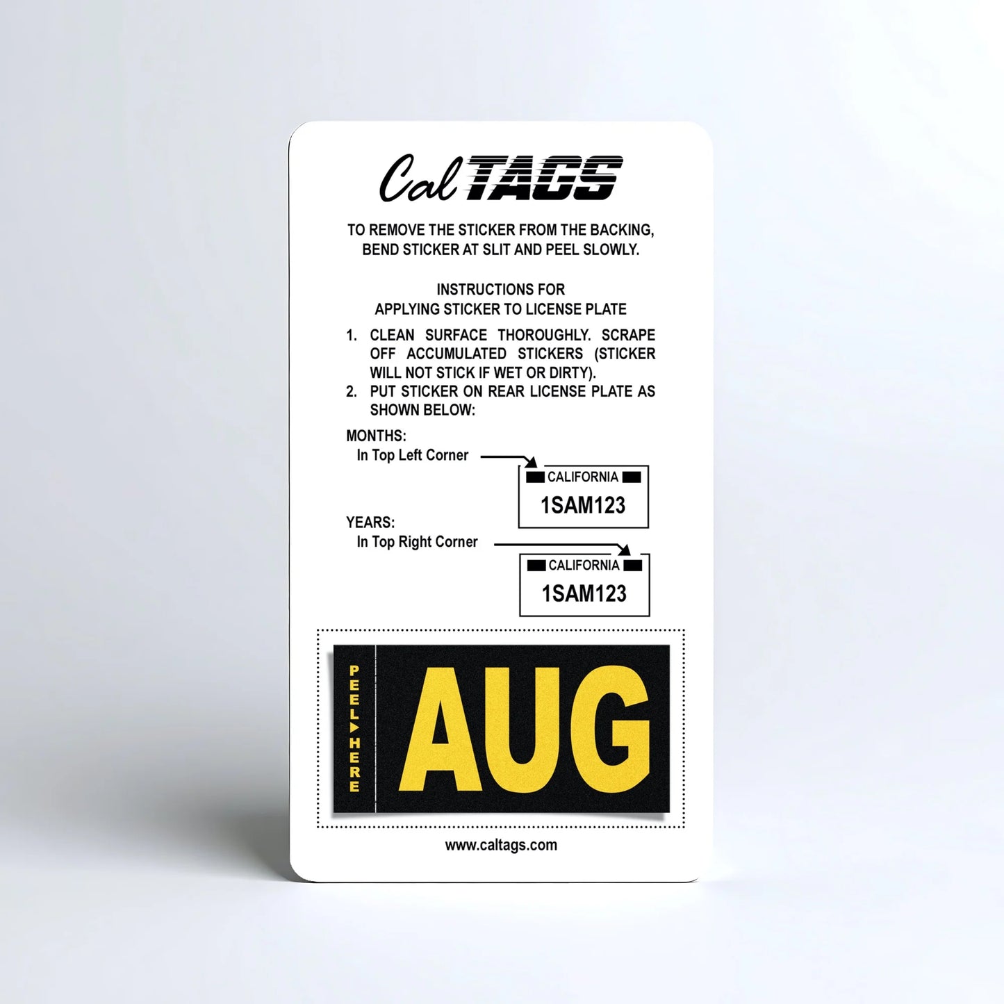 California license plate August month sticker mounted on CalTags display card — Legacy Series